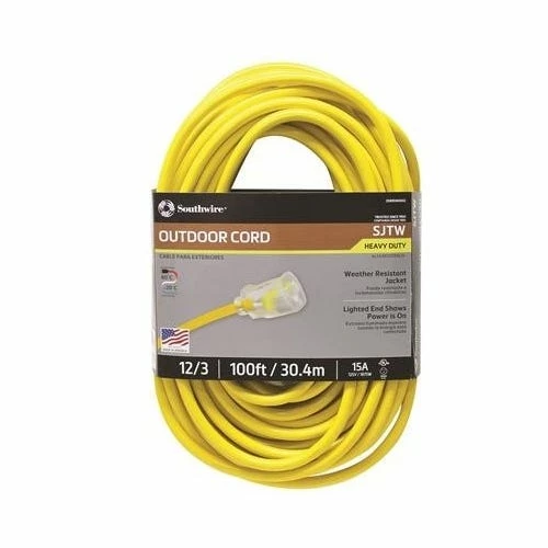 Southwire Tools & Equipment Southwire 100' 12/3 SJTW Outdoor Extension Cord With Lighted End (Yellow) 2589SW0002